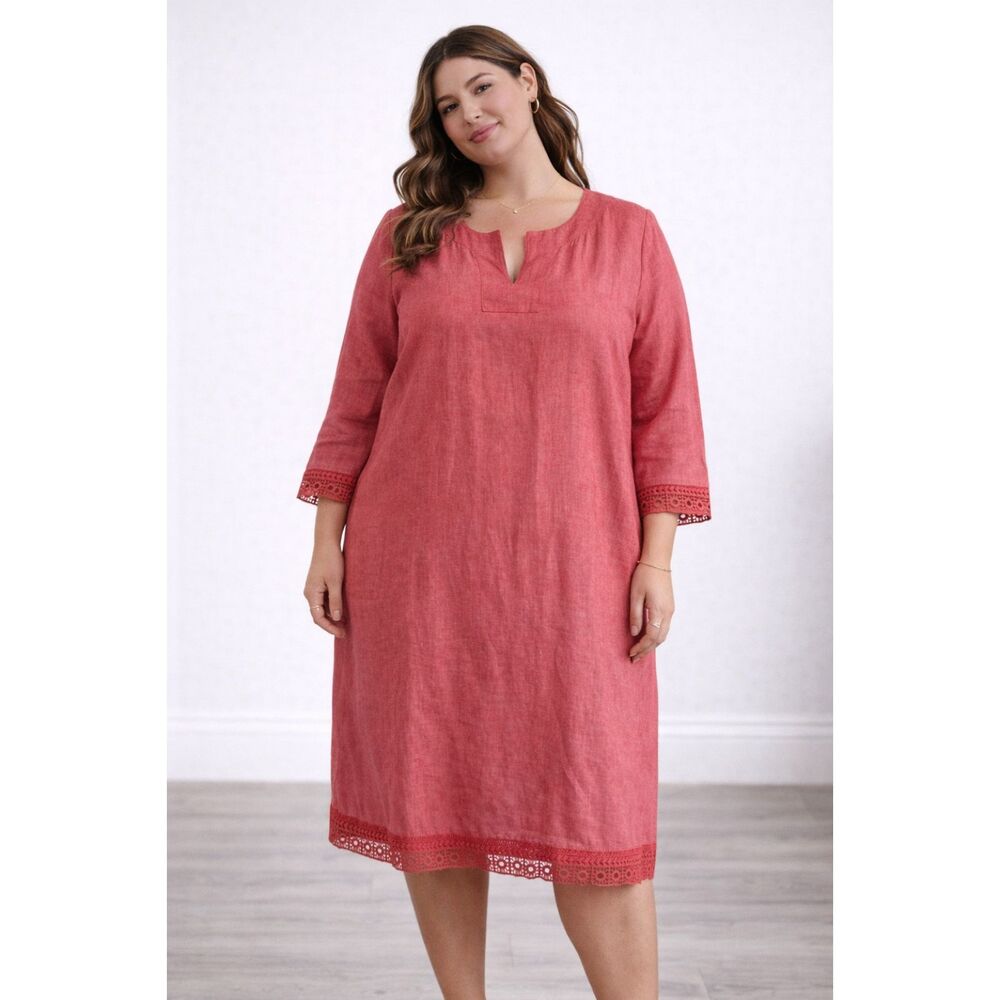 Linen Blend Talbots Dress Crochet Trim Chambray In Melon Pink 16